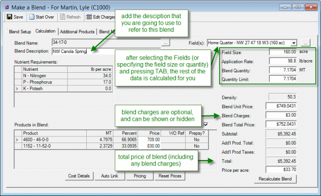 Blend Calculation tab after calculating blend