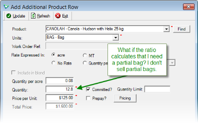 at 0.075 bags/acre, end up needing partial bag