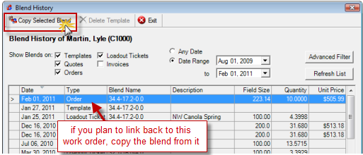 copy blend from work order