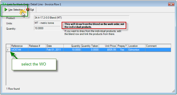 select WO and click Use Selection