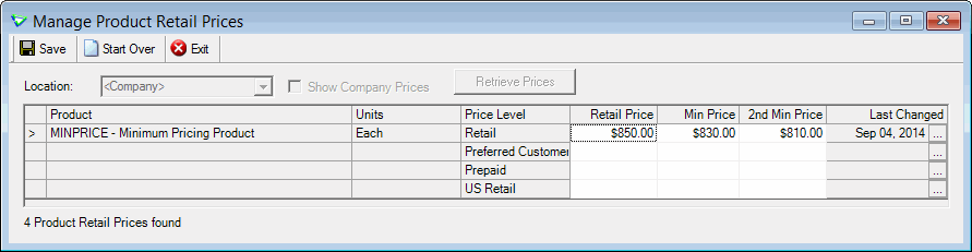 Inventory > Manage > Product Retail Prices grid of product pricing
