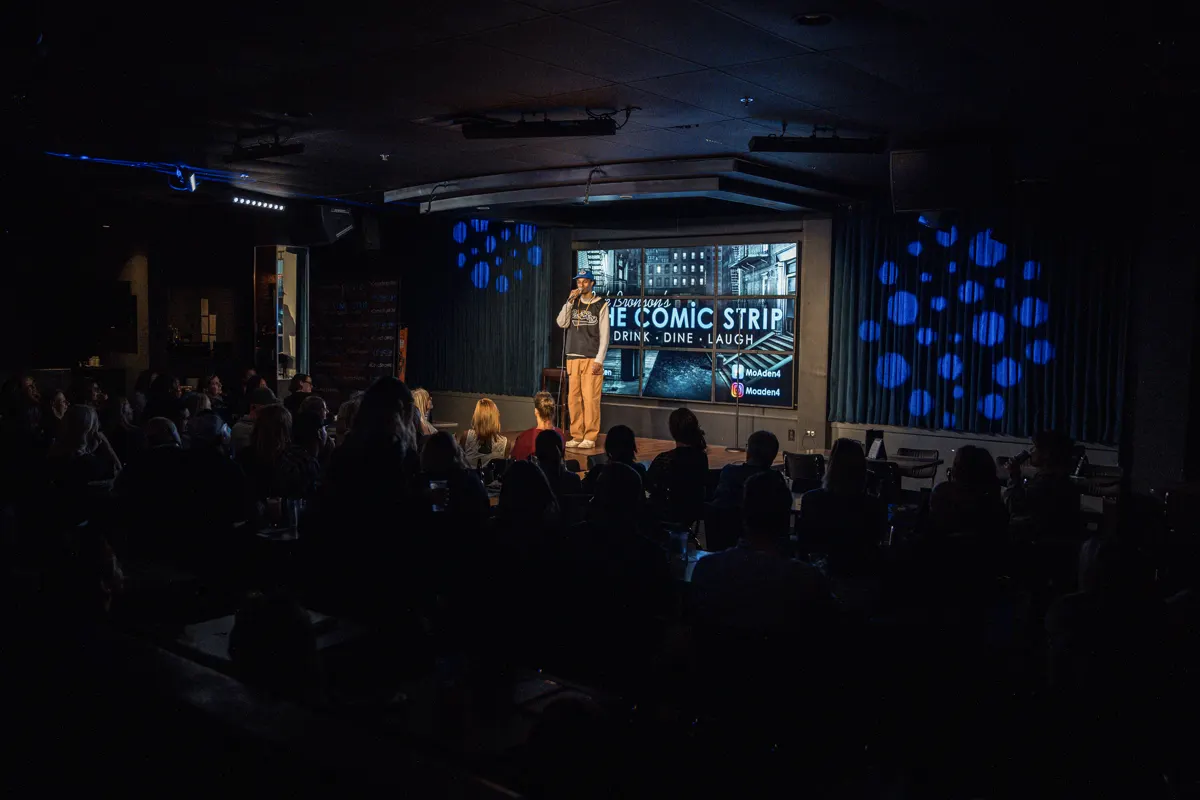 Wide view of the packed venue