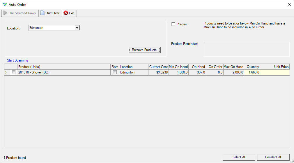 agrē Auto Order screen with a suggested quantity based on Min and Max On Hand