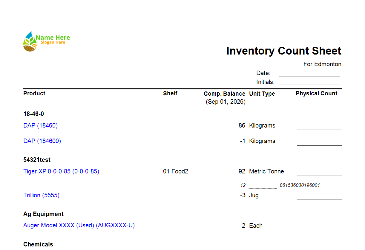 agrē Inventory Count Sheet report ready to hand out for counting