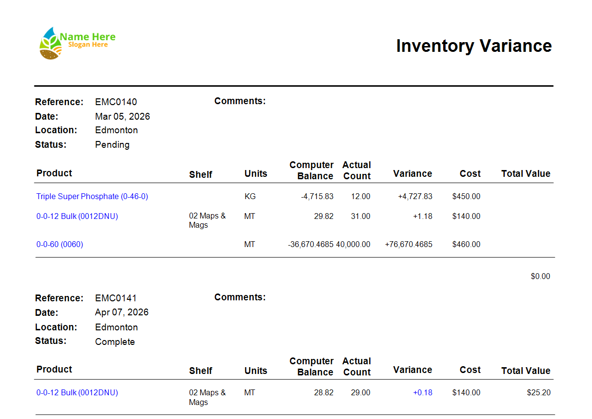 agrē Inventory Variance report comparing computer balance against actual count