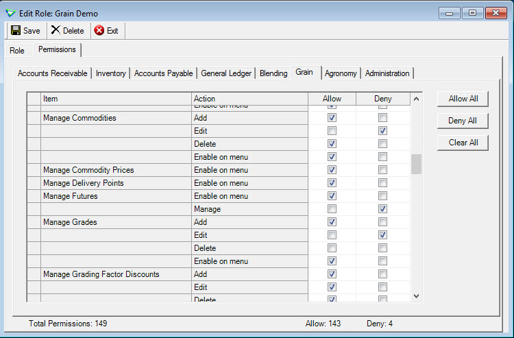 agrē Grain user permissions and role setup
