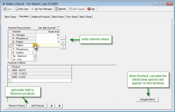 Blend Calculation tab before calculating blend